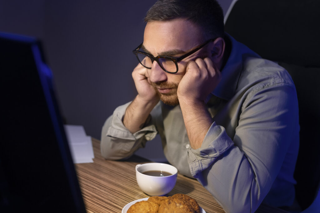 exasperated man staring at screen