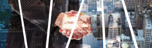 a photo of two people shaking hands overlayed on top of skyscrapers