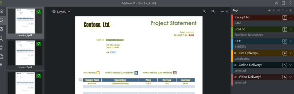 screen view of azure form recognizer OCR using a fake document